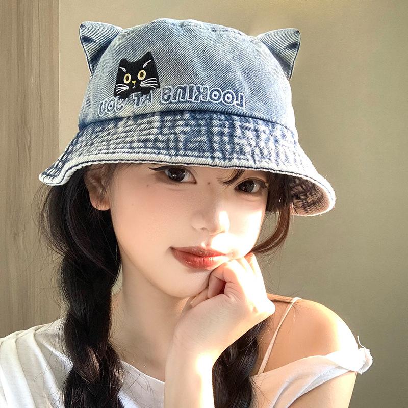 Cat Ears Embroidered Bucket Hat Spring and Autumn Sweet Hat Women's Retro Versatile Cowboy Hat Casual Basin Hat