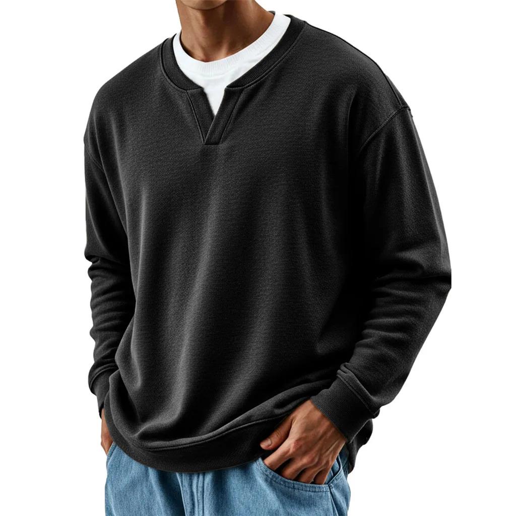 Мужская мода Однотонный Круглый вырез Длинный рукав Повседневная мода Универсальный Длинный рукав Свободная футболка Топ