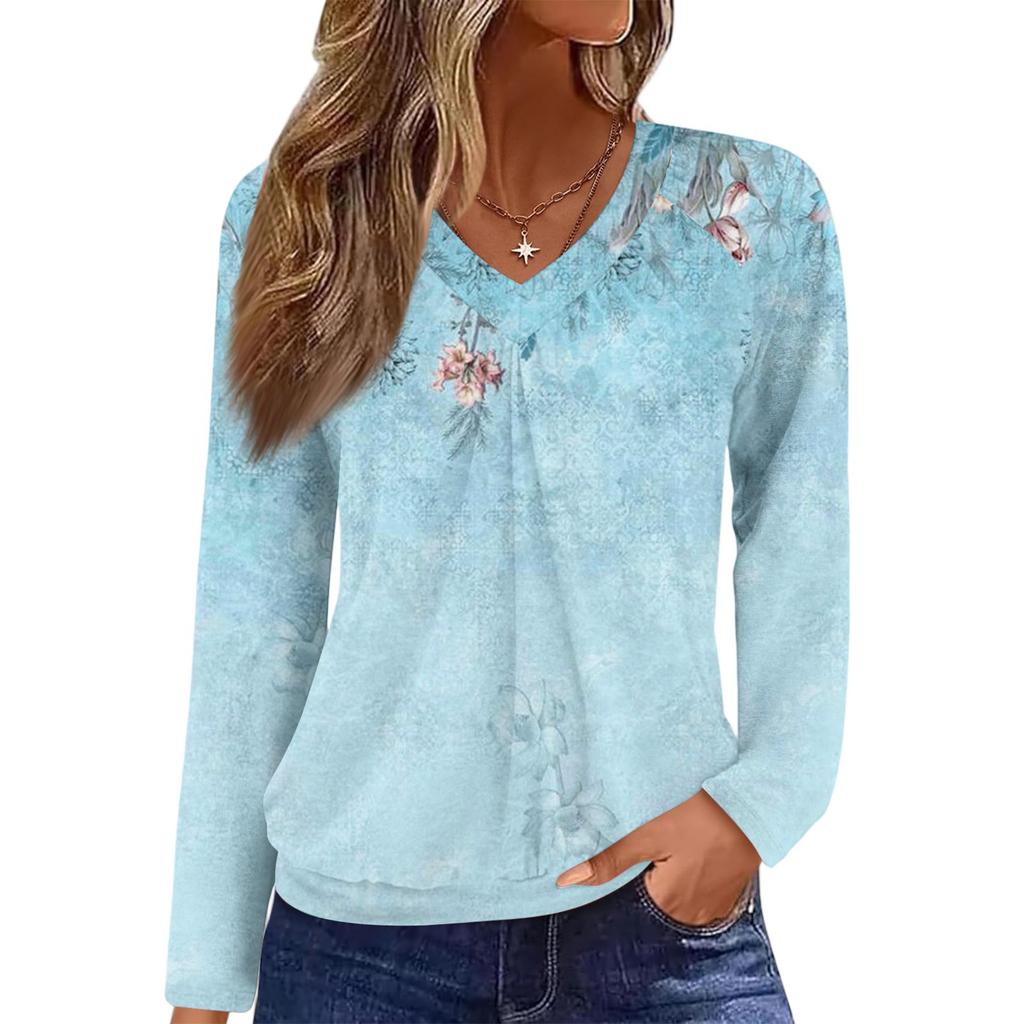 Women's Casual Fashion V-Neck Raglan Pleated Floral Print Long Sleeve Top