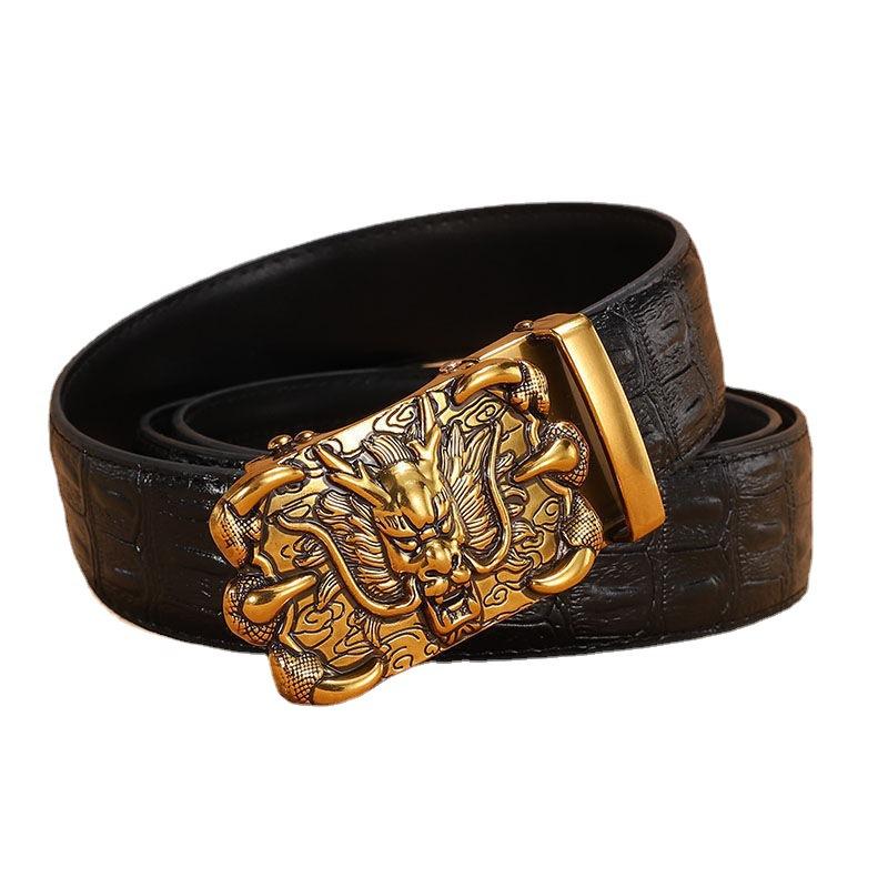 Men's Leather Belt with Automatic Buckle, Genuine Leather, Bronze Buckle, Faucet for Middle-aged and Young Business Casual Pants