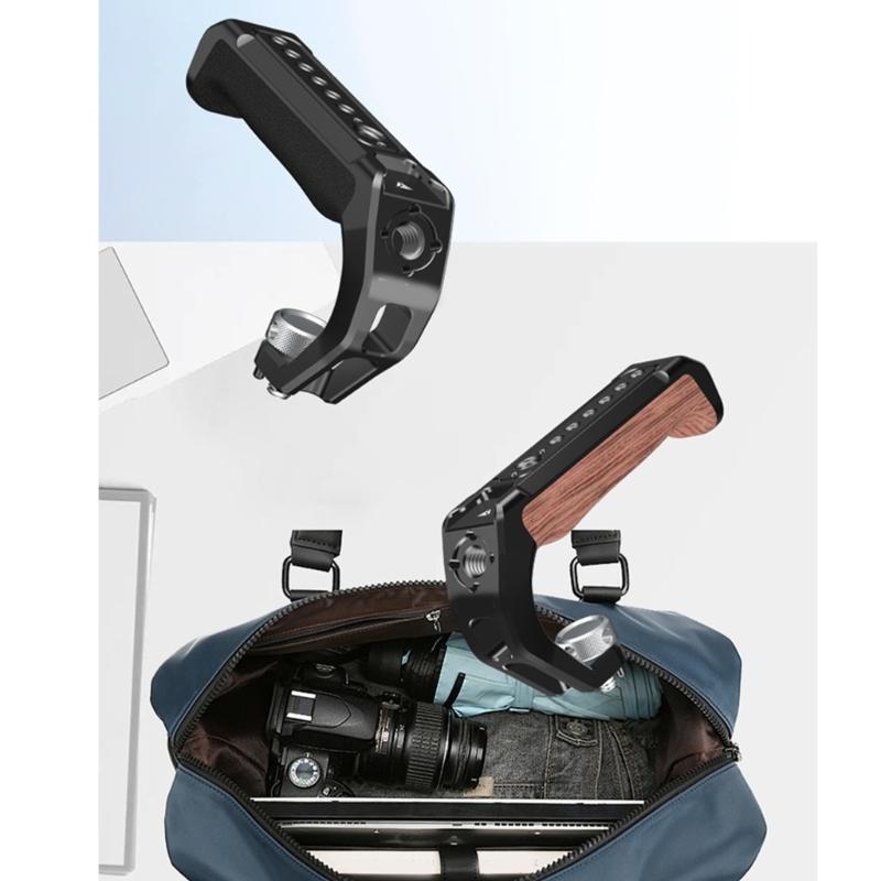 DSLR Wood Handle with 1/4 and 3/8 Threaded Holes Includes Cold Shoe Mounts Adapters for Camera Cage Rig
