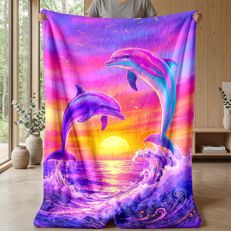 Dolphins Leaping at Sunset 1 Theme blanket Lightweight Warm Flannel Blanket Decorative Throw Blanket for Home Decoration