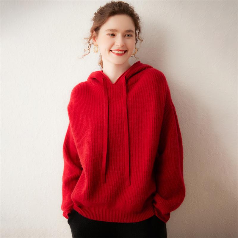 Lekasha Women's Cashmere Goat Wool Loose Knit Base Layer Pullover Warm Hoodie