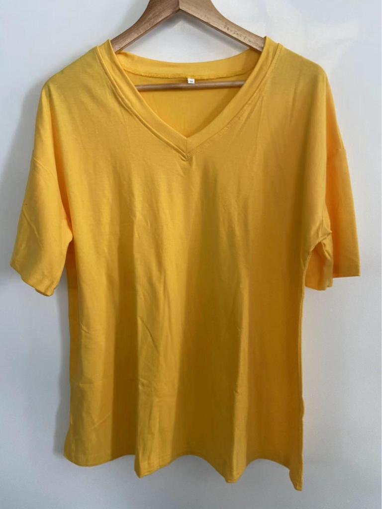 Европейский и американский женский летний однотонный свободный топ из хлопка с V-образным вырезом