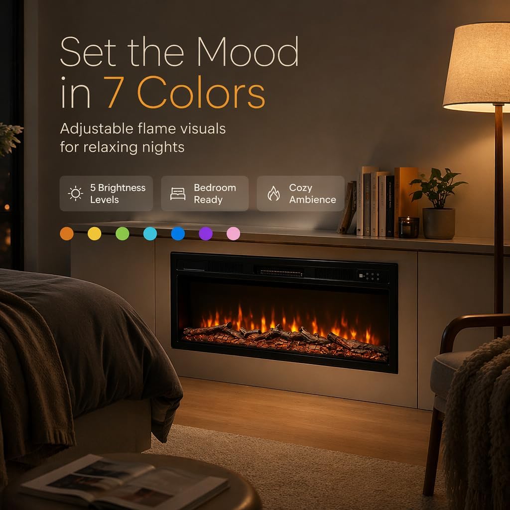 YODOLLA Recessed Electric Fire 37.2 Inch, 1500W Slim Fireplace Insert
