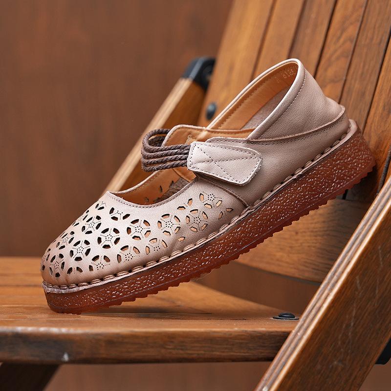 Johnature Women's Flat Shoes Retro Round Toe Genuine Leather Hollow-out Breathable Soft Soled Sandals