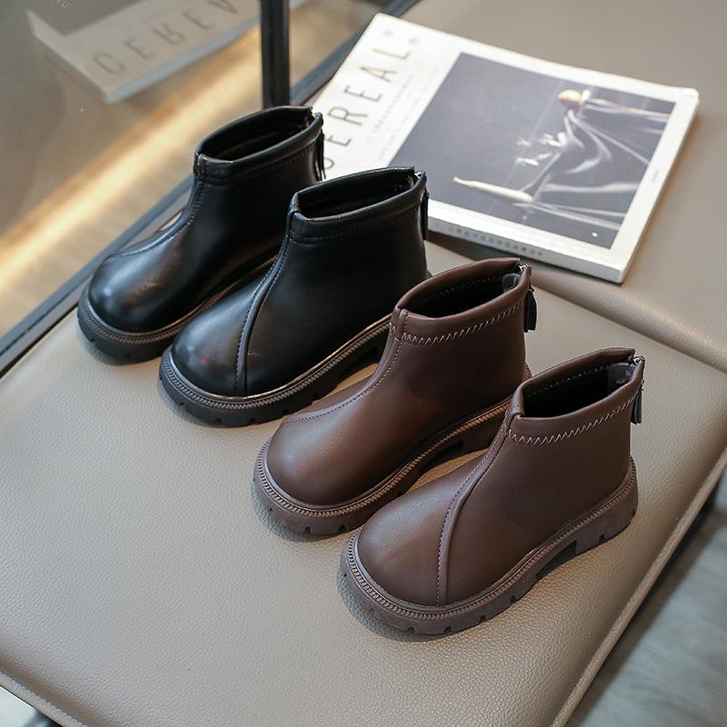 Autumn Winter Kids Boots Girls Waterproof Non-slip Solid Zipper Soft Sole Leather Boots Children's Casual Shoes