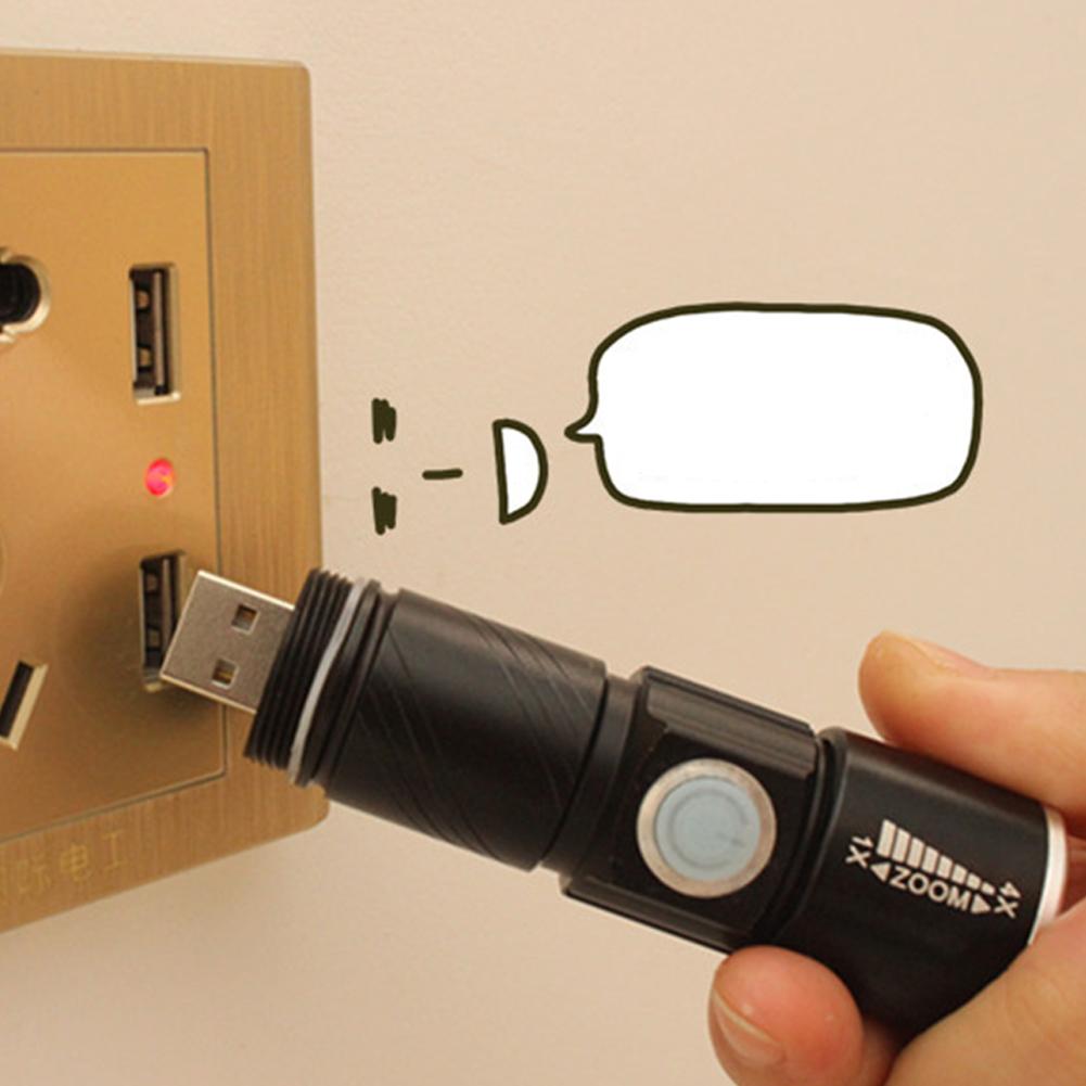 USB Charge Handy LED Aluminum Alloy Glare Flashlight Zoomable Stretch Mini Torch