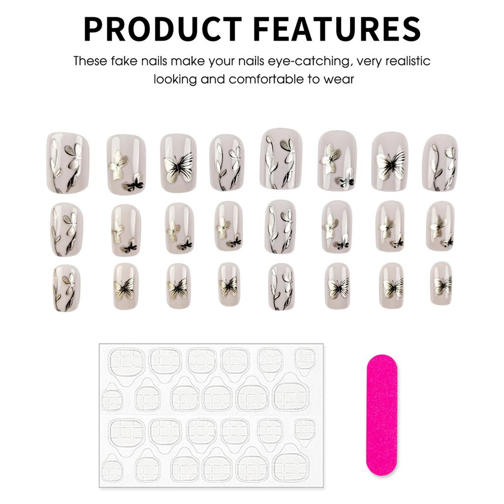 24PCS White Square Fake Nails with Flower Print Resin Material Zero Pressure on Nail Bed for Hot Girl Dress Matching