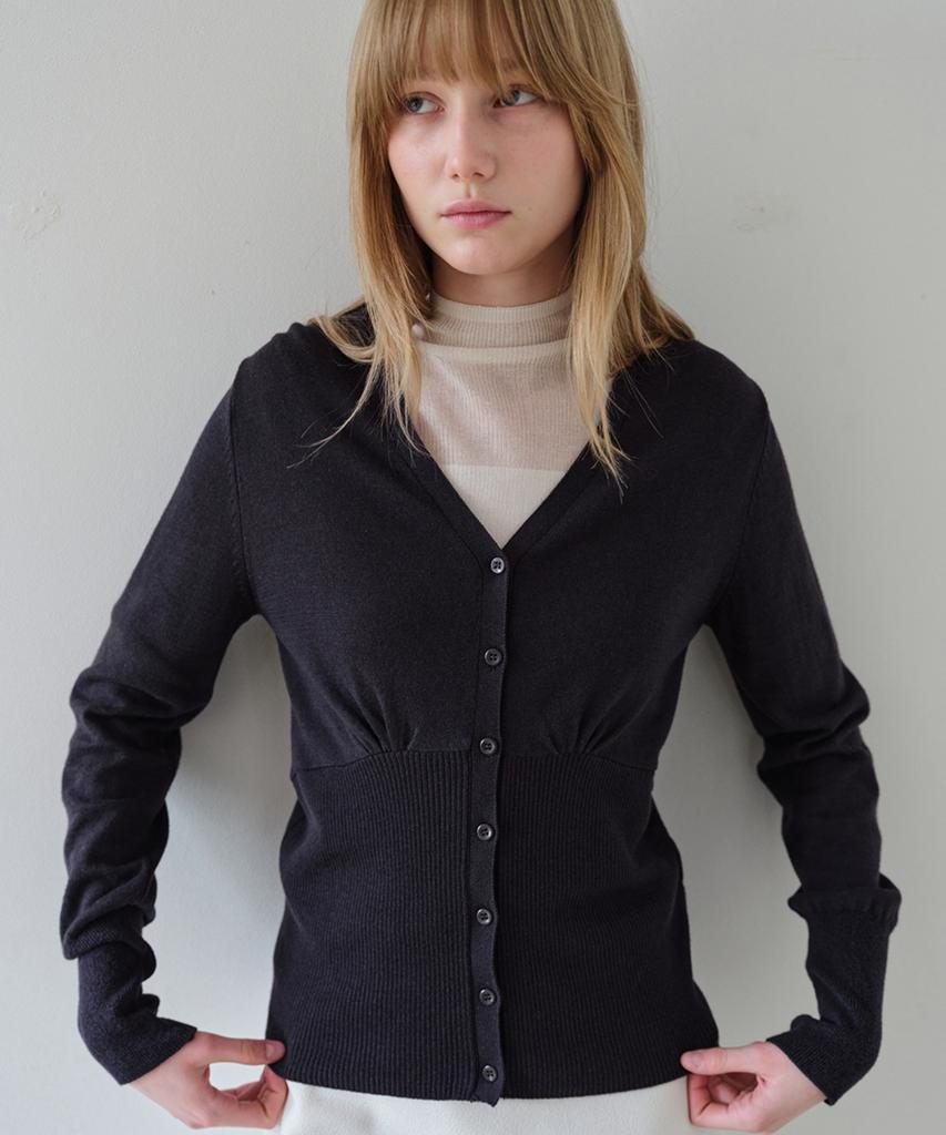 AHWE Silky V-Neck Shirred Cardigan_Dark Navy