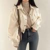 Chic Pockets Long Sleeve Cropped Blouse Women Corduroy Drawstring Short Jacket Woman Korean Wild Solid Color Coats