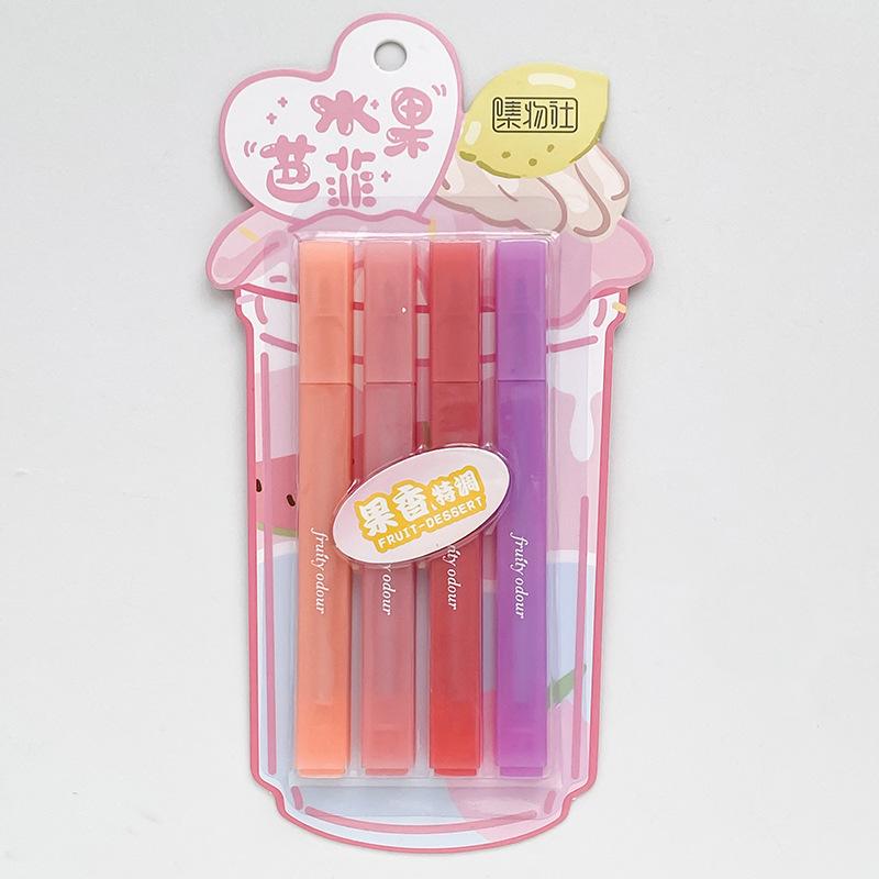 4pcs Fruity Odour Color Highlighter Pens Set Fruit Buffet Design Soft Brush Tip Marker Liner for Drawing Painting