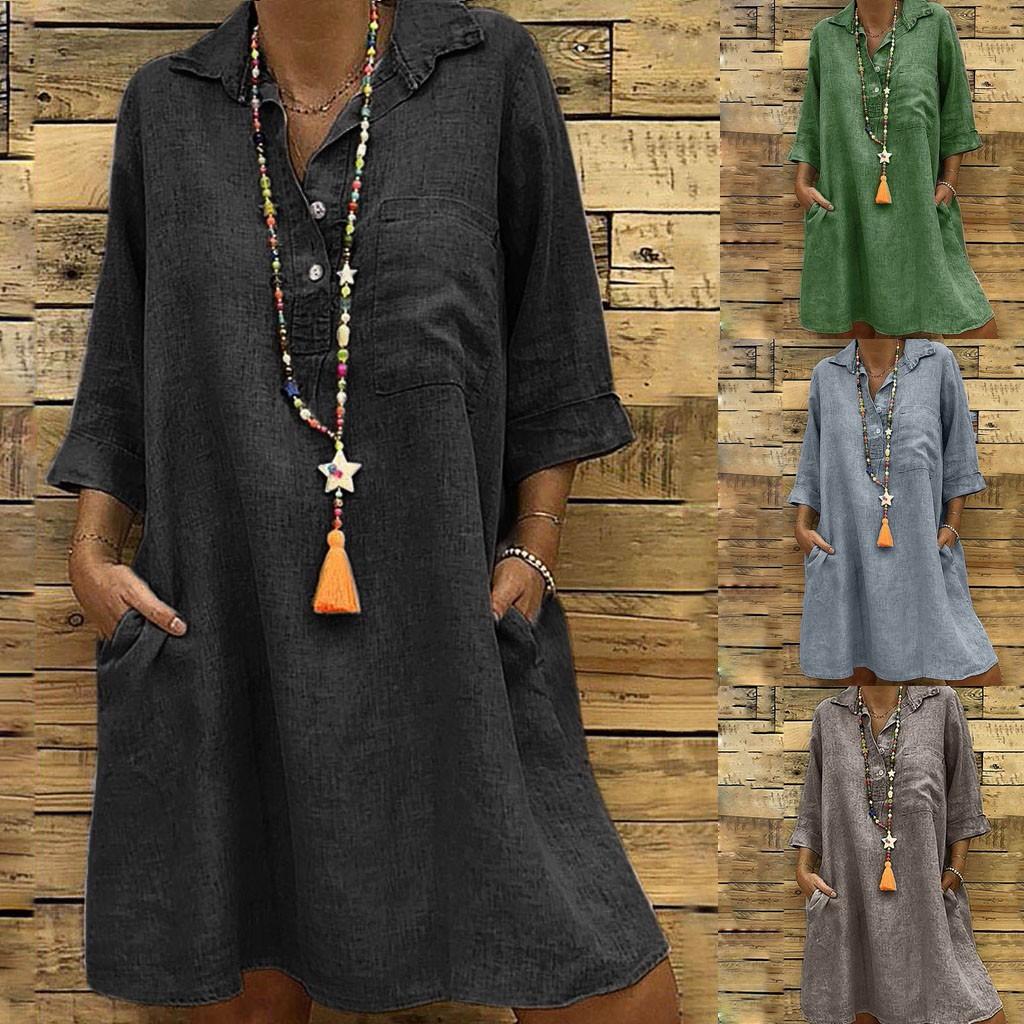 Women's Solid Boho Turn-down Collar Dress 3/4 Sleeve Casual Pocket Button Dress