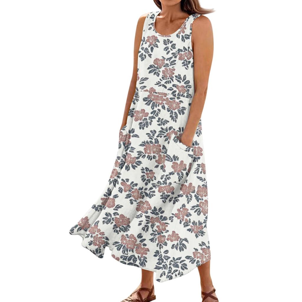 Women's Summer Casual Fashion Flower Printed Sleeveless Pocket Dress