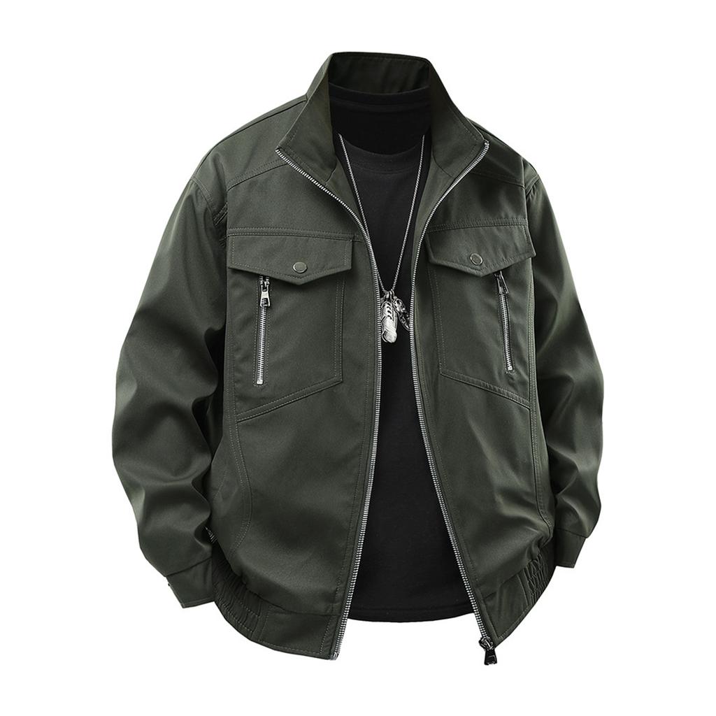 Men's Solid Color Zipper Lapel Retro Jacket Casual Sports Fashion Workwear Coat