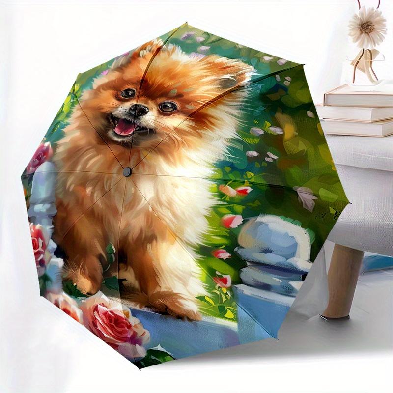 Pomeranian, Garden Theme 8 Bone Hand Automatic Folding Umbrella, Compact and Portable Design, A Perfect Gift for Birthday, Christmas or Busi