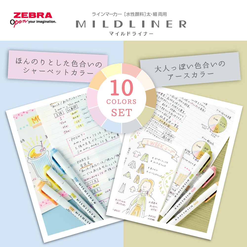 Zebra Mildliner Highlighter Gentle Natural Set Pens, & Mild, 10-Color (WKT7-10C-YNTC)