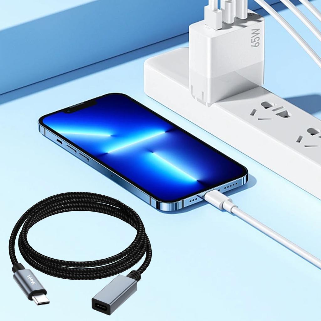 Удлинительный кабель USB C PD100W для быстрой зарядки и передачи данных 480 Мбит/с с нейлоновой оплеткой и маркером