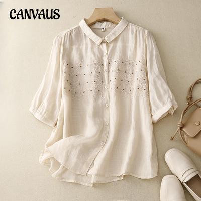 Летняя женская рубашка больших размеров, литературная свободная хлопково-льняная блузка с короткими рукавами и вышитыми цветами