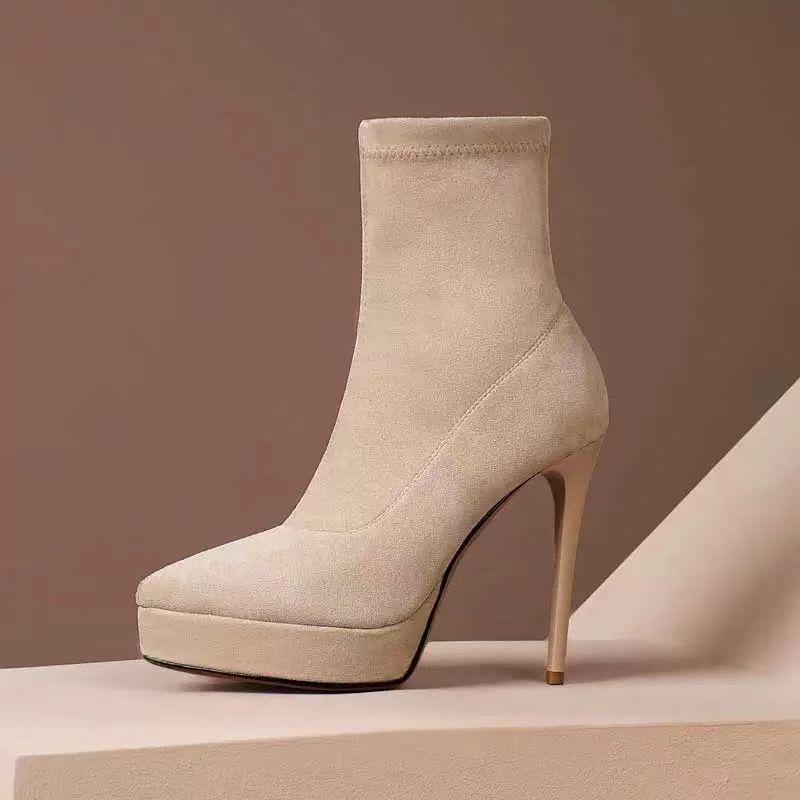 Elastic short boots medium boots fashion thin boots suede waterproof table women elegant pointed super high