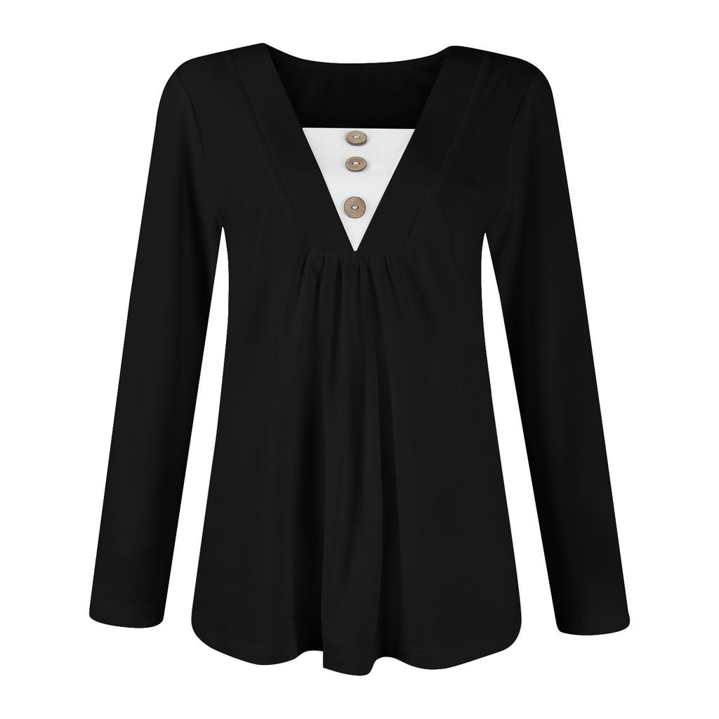 Women's Fashion Casual Long Sleeve Shirt Solid Color Button V Neck Up Tops