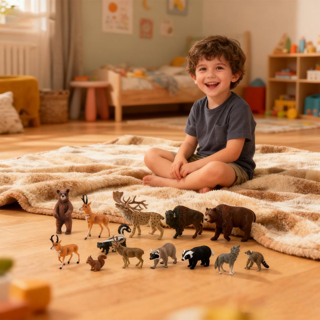 12 Pieces North American Animal Figurine Toys, Realistic Jungle Figurines, Wolf, Bear,Skunk Bobcat And More Cake Decorations, Birthday Gifts