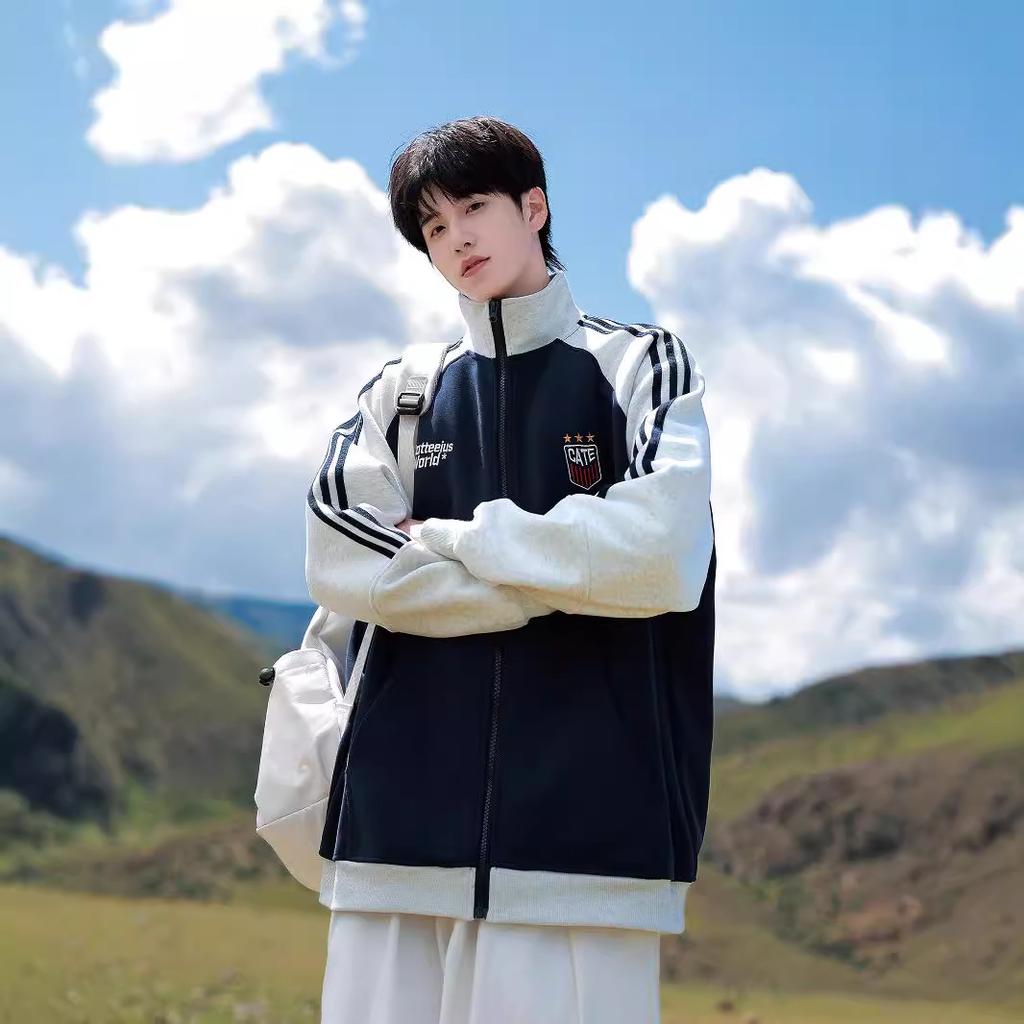 Кардиган-жакет с тремя полосками, мужской, осенне-зимний, с воротником, спортивный