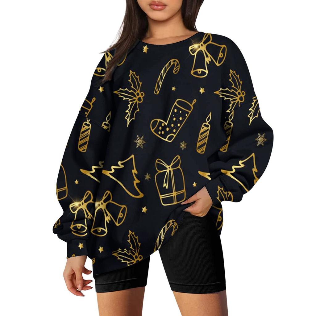Женский повседневный модный рождественский принт с длинным рукавом и круглым вырезом, пуловер, топ