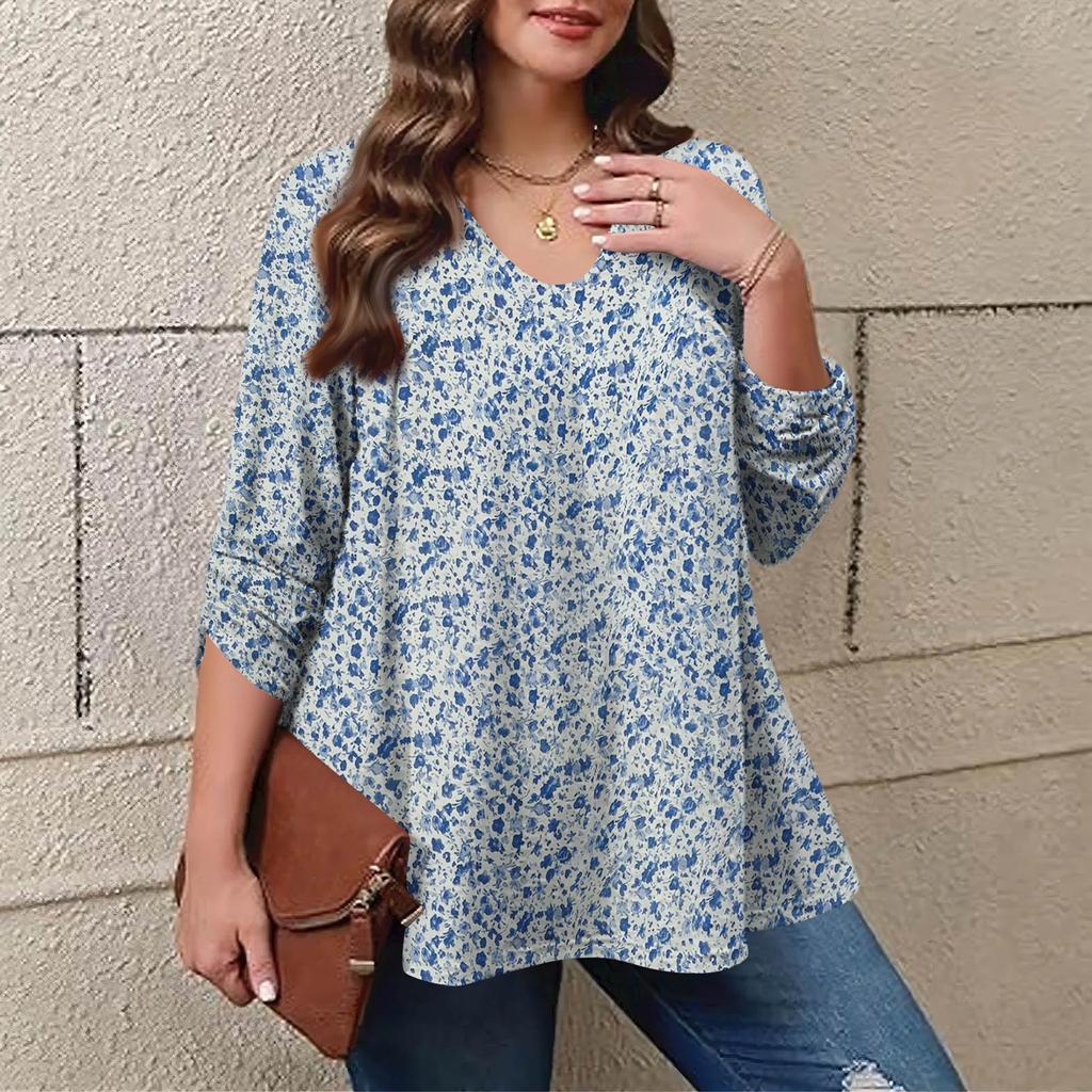 Women's Plus Size Fashion Printed Casual Pleated Round Neck Long Sleeve Top
