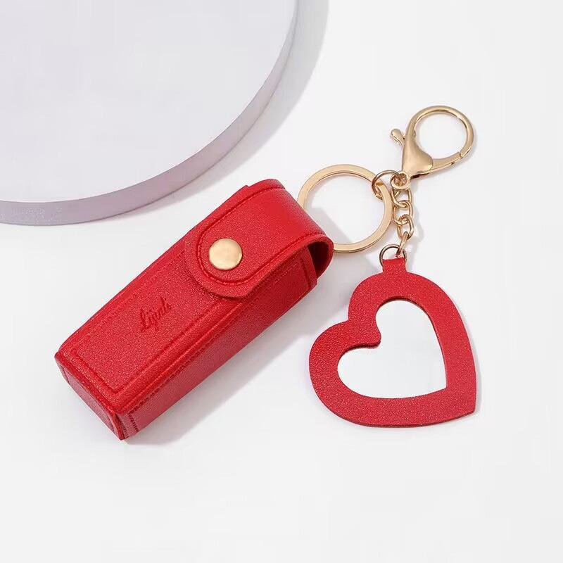 1pc Lipstick Bags Portable Keychain Solid Wallet Mini With Mirror Leather Protective Cover