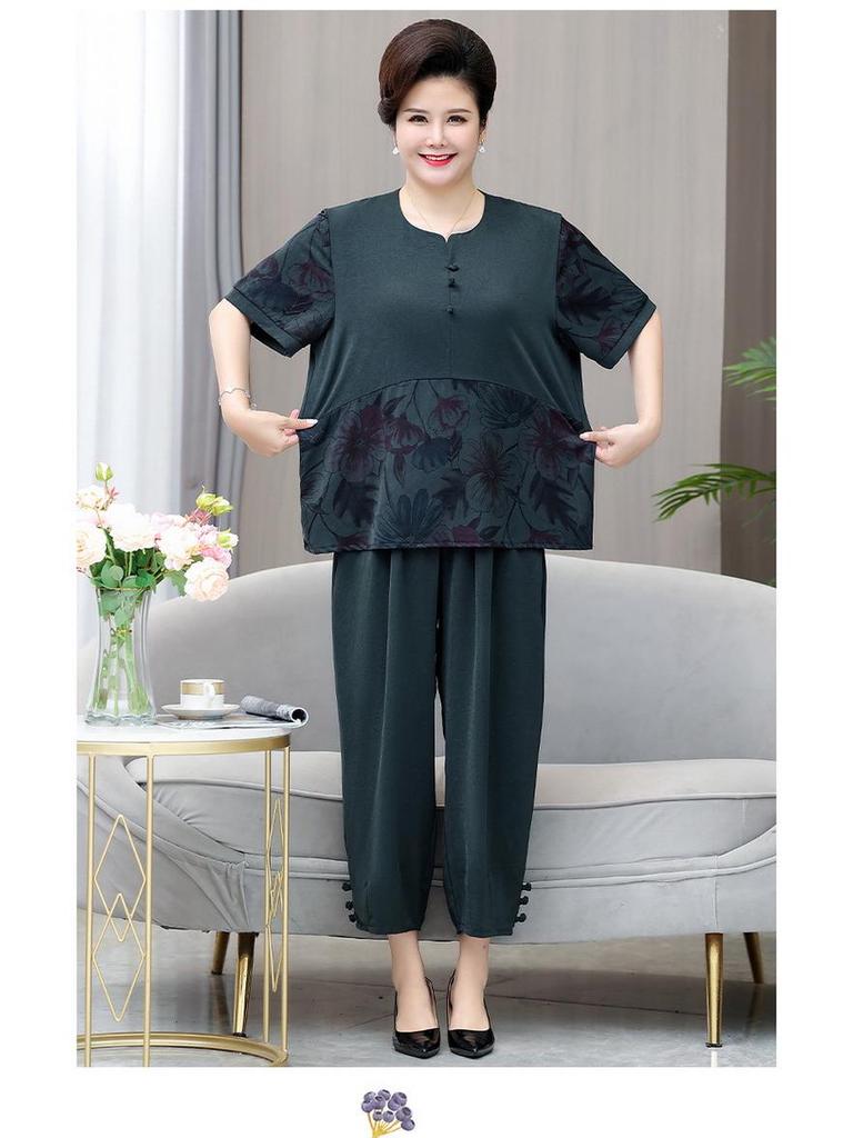 Летний комплект больших размеров с коротким рукавом для женщин среднего и пожилого возраста - Свободный облегающий костюм-двойка