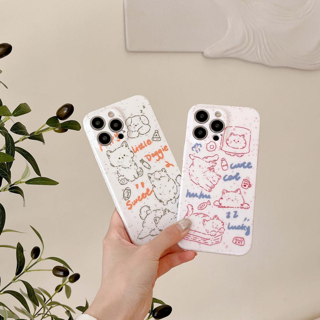 Ins Graffiti Cat Dog Bread Line Lucky Phone Case For Iphone 13 12 Promax 11 14 Pro Max Silicone Soft Imd Cute Cartoon Back Cover