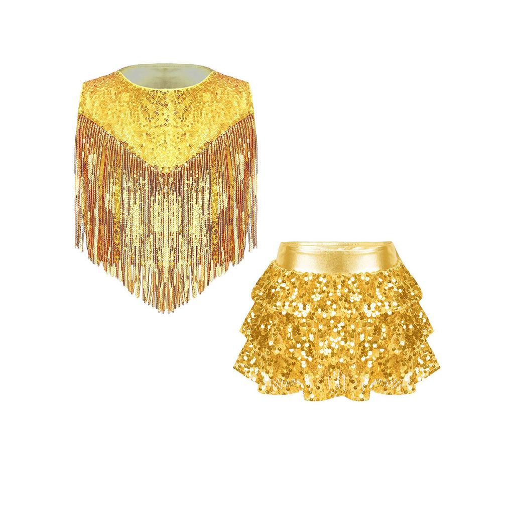 Complete 70s Disco Costume Set for Kids Girls: Shiny Metallic Top with Chest Tassels & Tiered Ruffle Shorts, 2-Piece Outfit