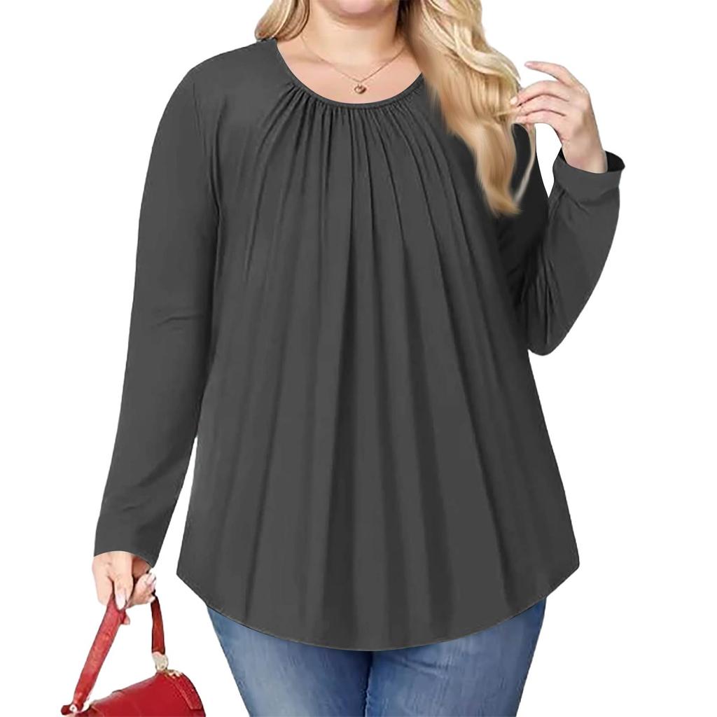 Women's Plus Size Fashion Solid Colour Casual Pleated Round Neck Long Sleeve Top