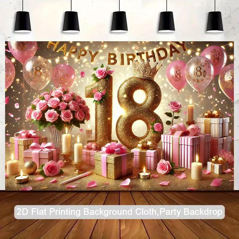 2D Luxury Pink Gold 18th Happy Birthday Photography Background Banner