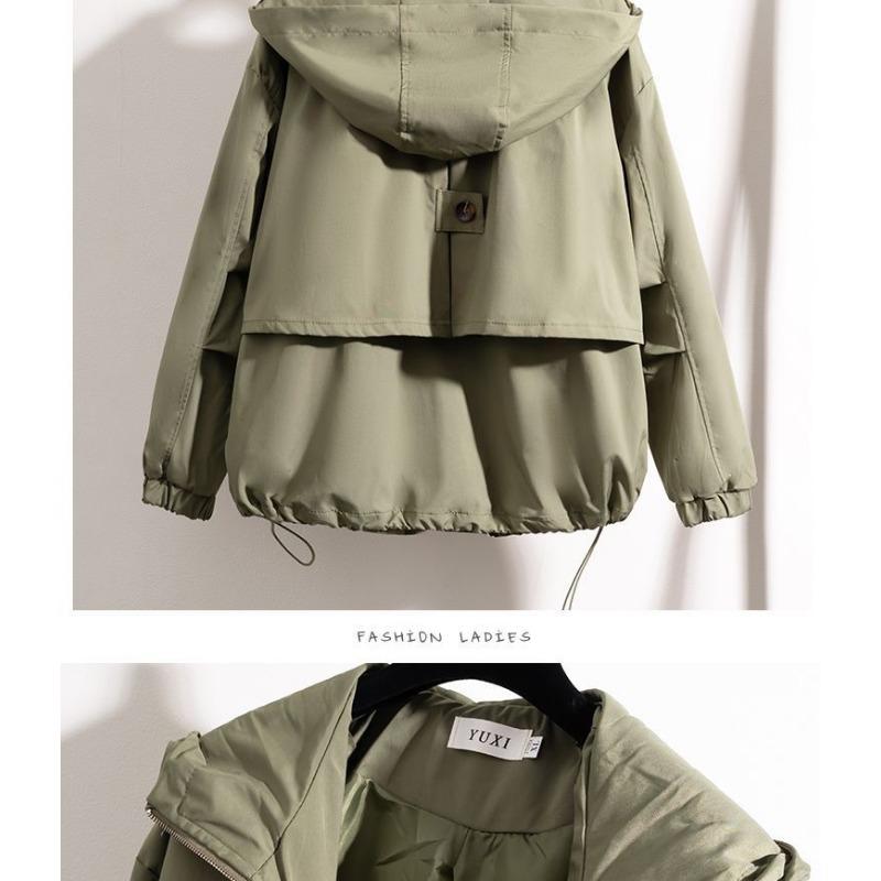 Women Green Workwear Hooded Regular Shoulder Short Windbreaker Jacket