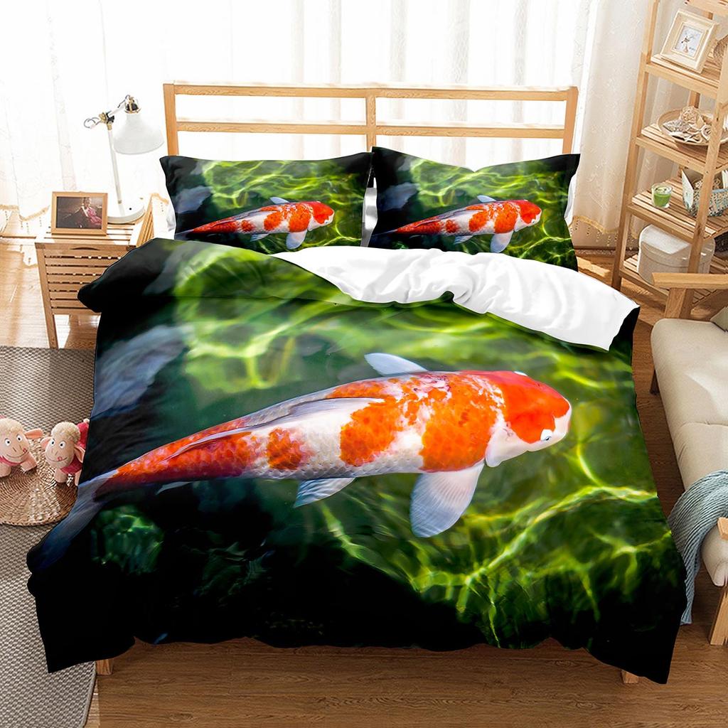 Fish Duvet Cover Set Koi Carp Pattern Polyester Comforter Cover King Queen Full Size for Kids Teens Bedding Set with Pillowcase