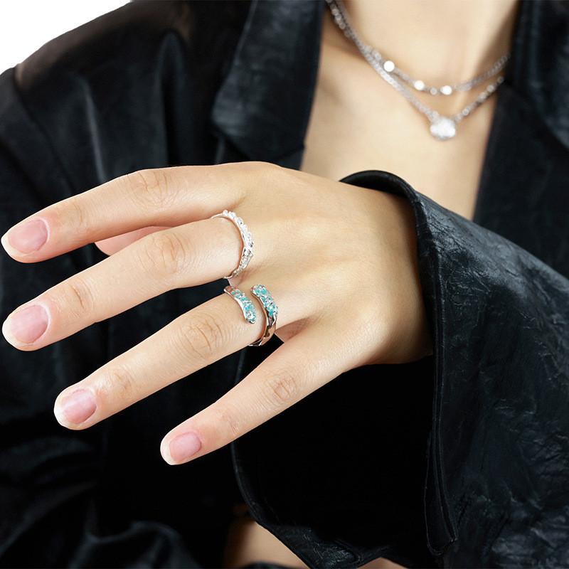 Elegant Adjustable Geometric Copper Ring With Teal Blue Resin And Zircon Embellishments