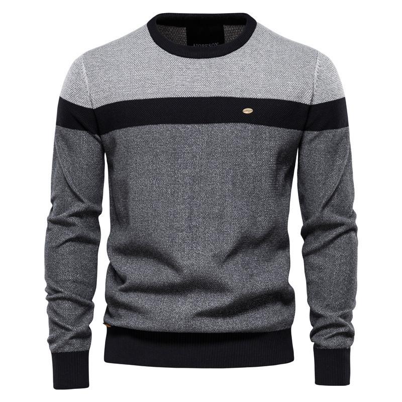 Mens Autumn Striped Cotton Knit Sweater With Spliced Design For Casual Wear