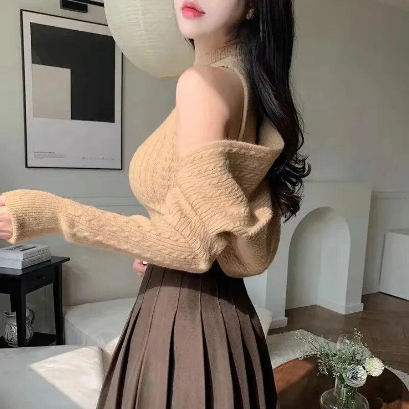Korean Chic Autumn Turtleneck Vests Women Sweater Tank Tops And Long Sleeve Short Knitted Cape Cardigan Two Piece Set 29496