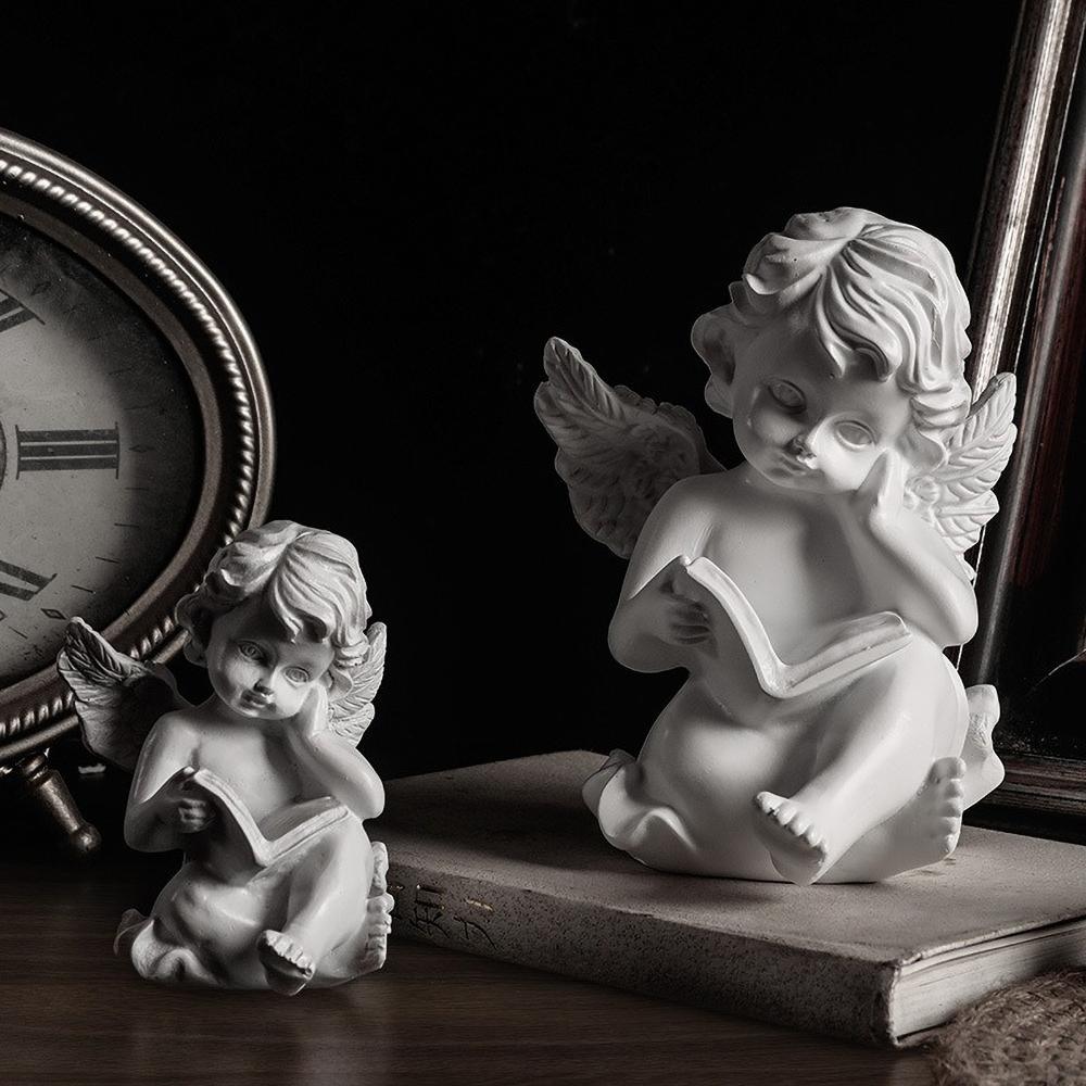 Расписанная вручную полимерная статуэтка читающего ангела - Винтажный декор для книг, Фигурка для домашнего алтаря, Коллекционный подарок, Реквизит для фотографии