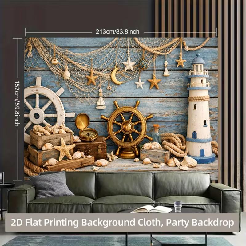 2D Nautical Beach Tapestry, Ocean Theme Party Background Cloth