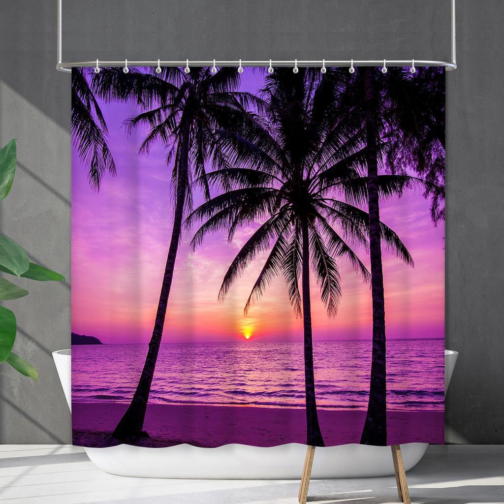 Shower Curtain Waterproof And Mildew-Proof Coconut Tree Beach Beach Bathroom Shower Curtain Shower Curtain Partition Curtain Free Punching