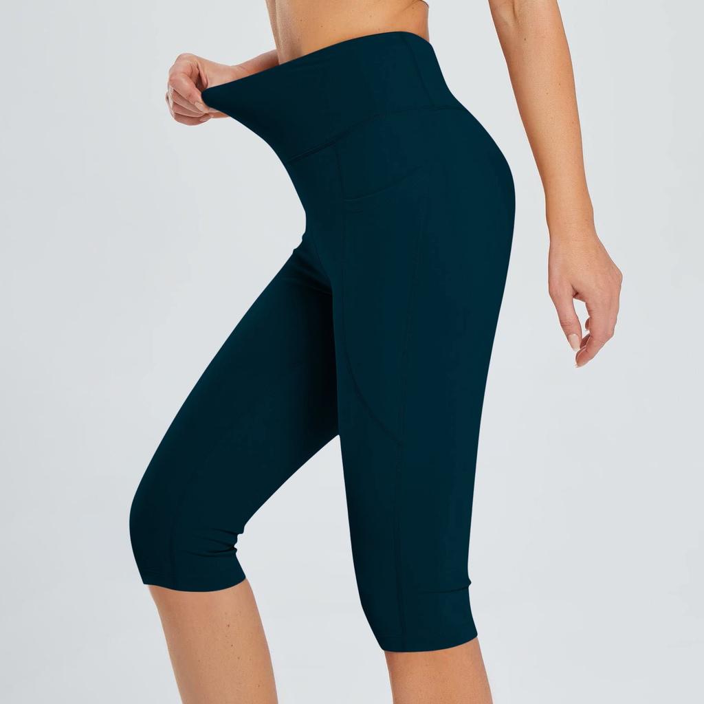 Women  Elastic High Waist 3/4 Pant Casual Active  Fit Wide Capris Leg Pants Trousers With Pockets