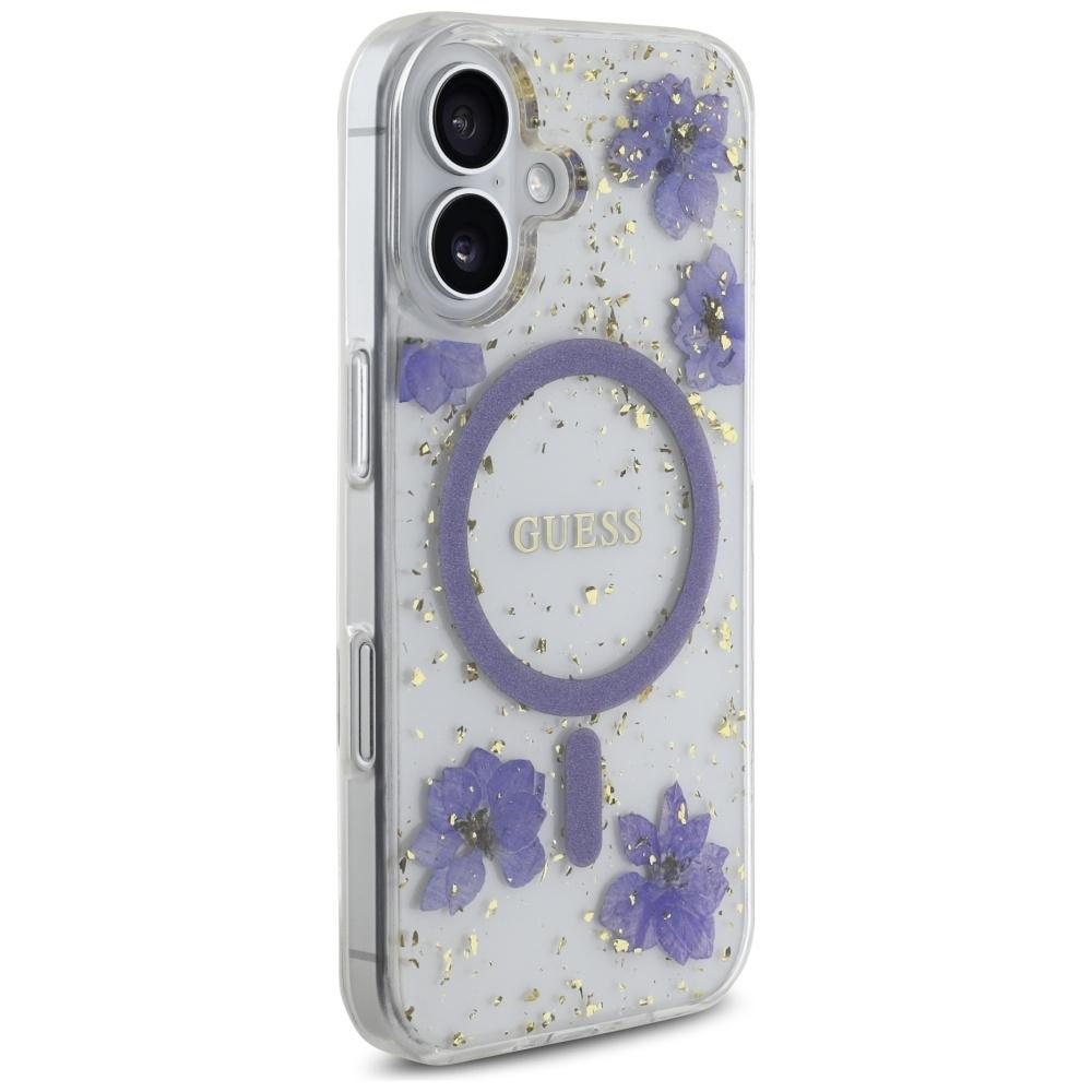 Etui do iPhone 16 Guess MagSafe Glitter Kwiaty Fioletowe