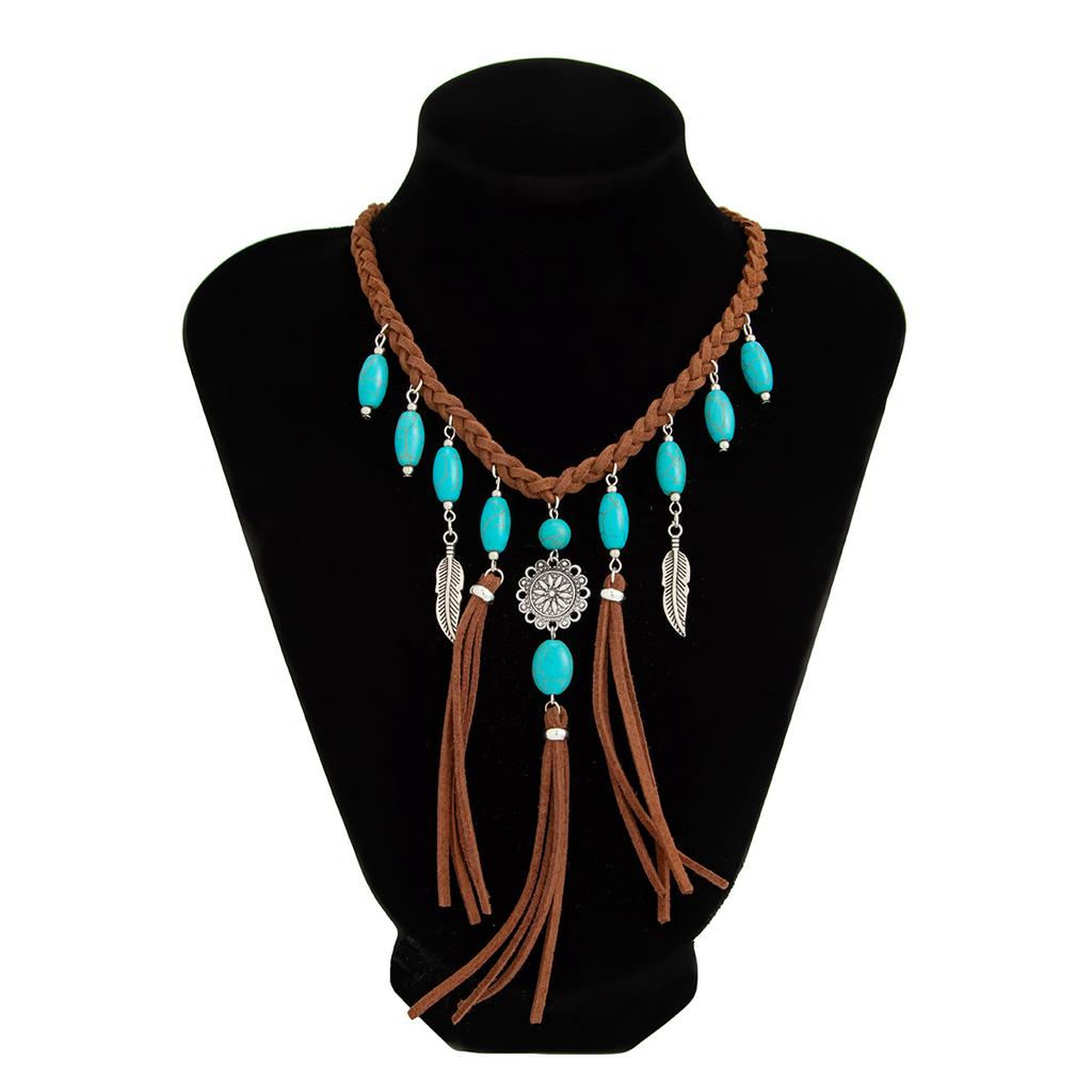 Ethnic Style Women Leaf Choker Woven Rope Leather Tassel Turquoise Stone Pendant Necklace Feather Retro Bohemian Necklaces