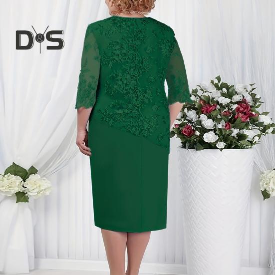 Women Plus Size Prom Dress O Neck Half Sleeve Embroidery Lace Floral Patchwork Dress Fake Two Pieces Wedding Party Dress