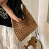 Yogodlns Летняя соломенная вязаная сумка, ажурная сумка-тоут, однотонная пляжная сумка через плечо, праздничная дорожная сумка, сумка через плечо в стиле бохо для женщин