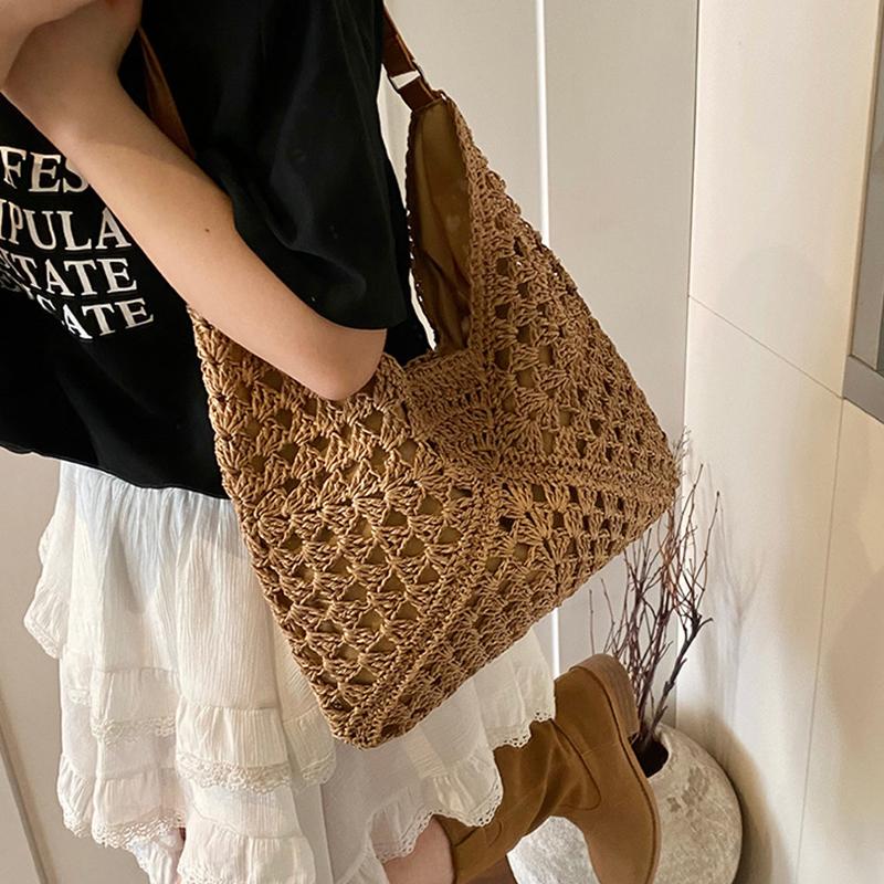 Yogodlns Летняя соломенная вязаная сумка, ажурная сумка-тоут, однотонная пляжная сумка через плечо, праздничная дорожная сумка, сумка через плечо в стиле бохо для женщин