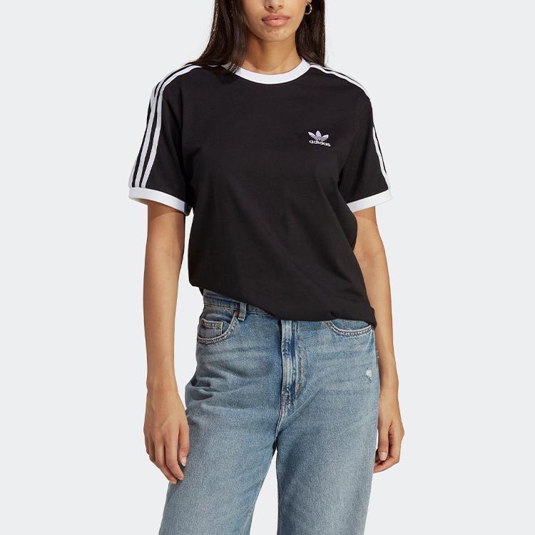 adidas Оригинальные классические футболки с логотипом бренда Adicolor, три полоски, спортивная повседневная футболка с коротким рукавом и круглым вырезом, женские топы, черные IB7407